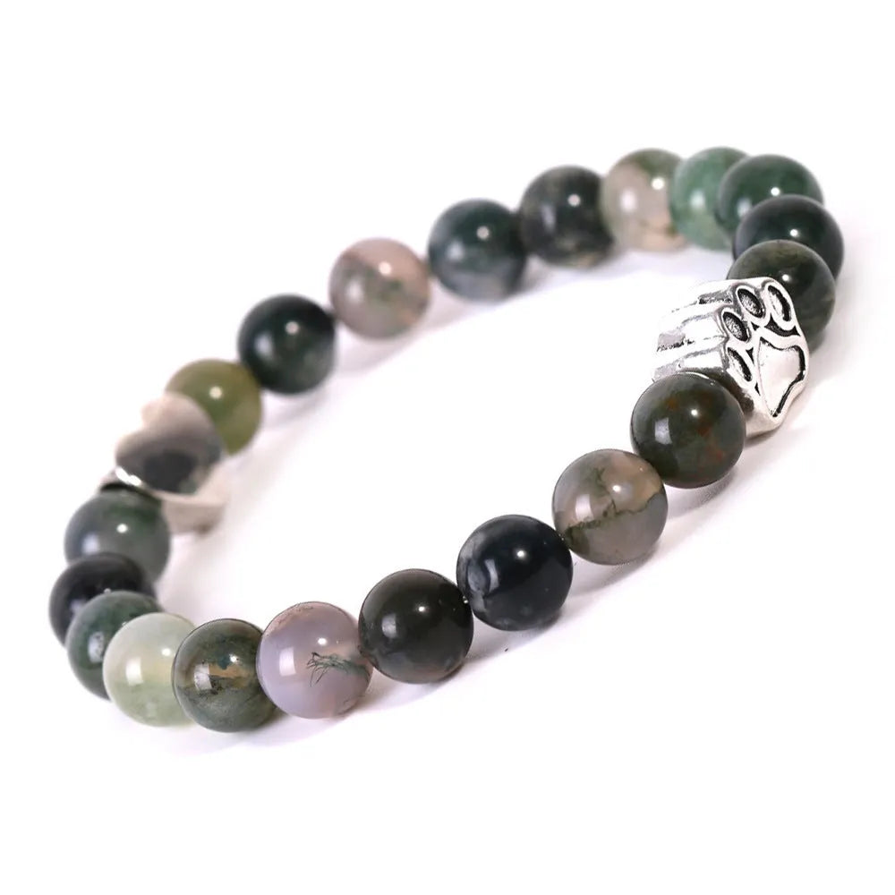 Tigereye and Indian Agate stone bracelet with a geometric dog's paw and love heart design on a round beaded band.