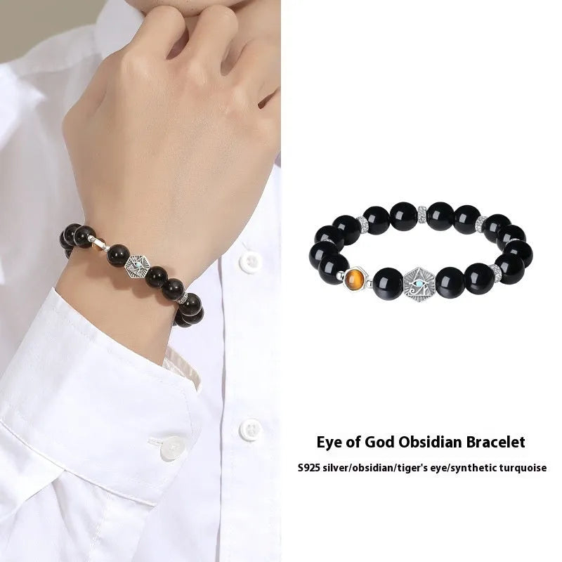 Men's retro bracelet with S925 sterling silver band and 8mm God's Eye obsidian geometry inlay.