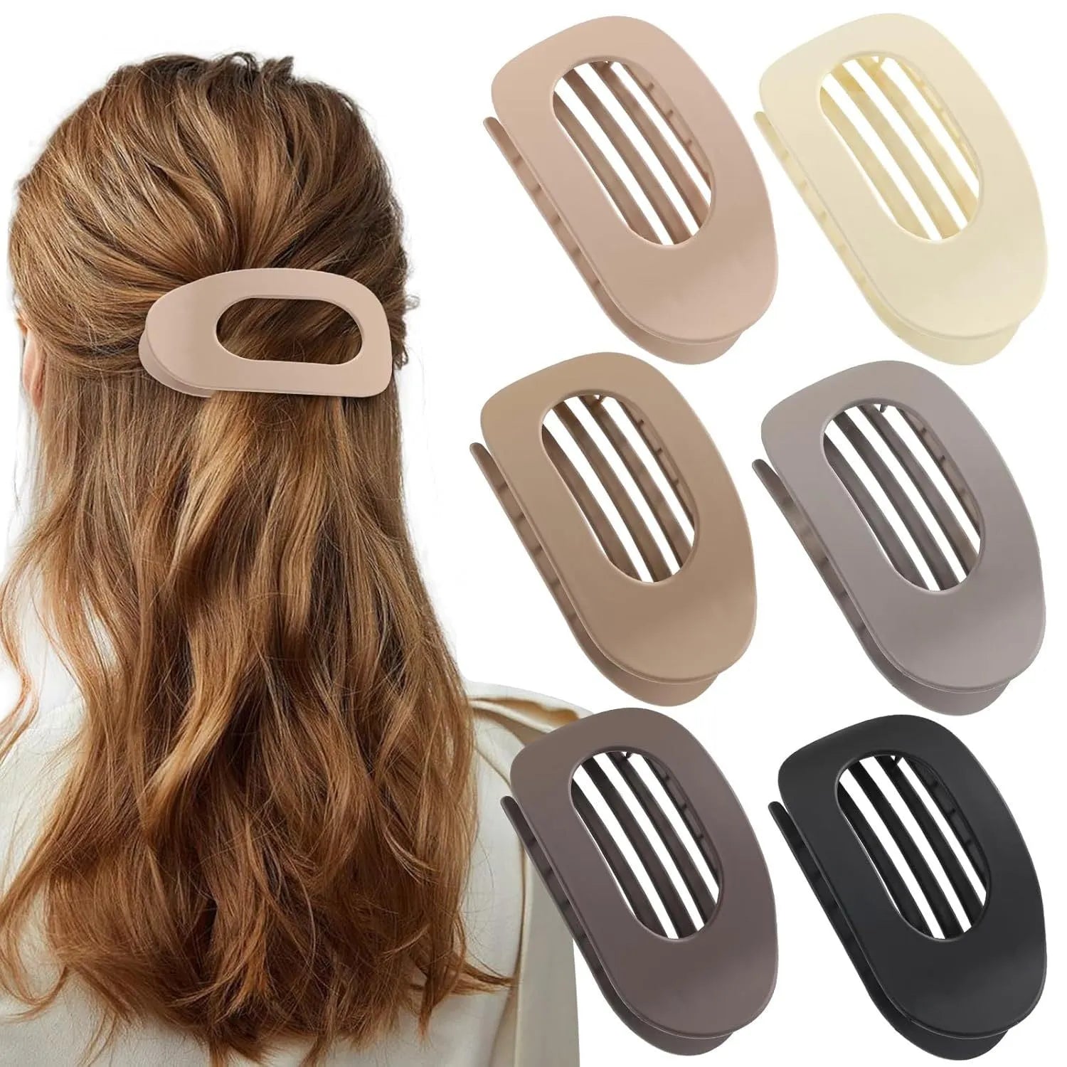 Six rose red plastic hair clips with frosted grip and quadrilateral design in OPP bag packaging