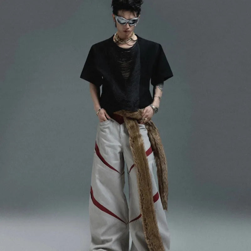 Loose black polyester men's t-shirt with 3D cut tassel details and hollow out design