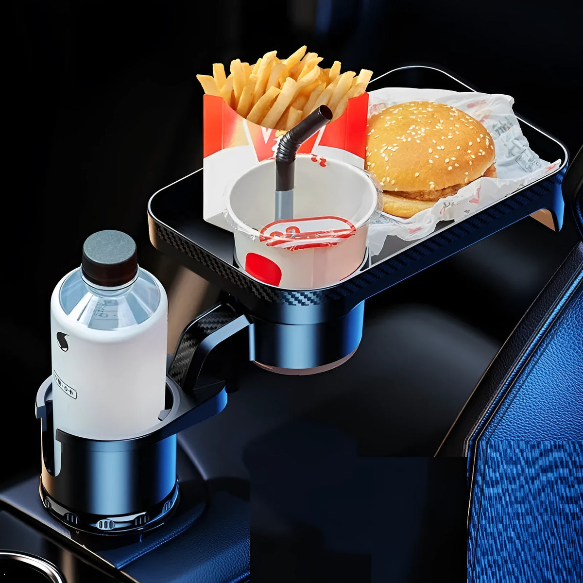 Black ABS plastic car cup holder with 360-degree rotating dinner plate on vehicle dashboard