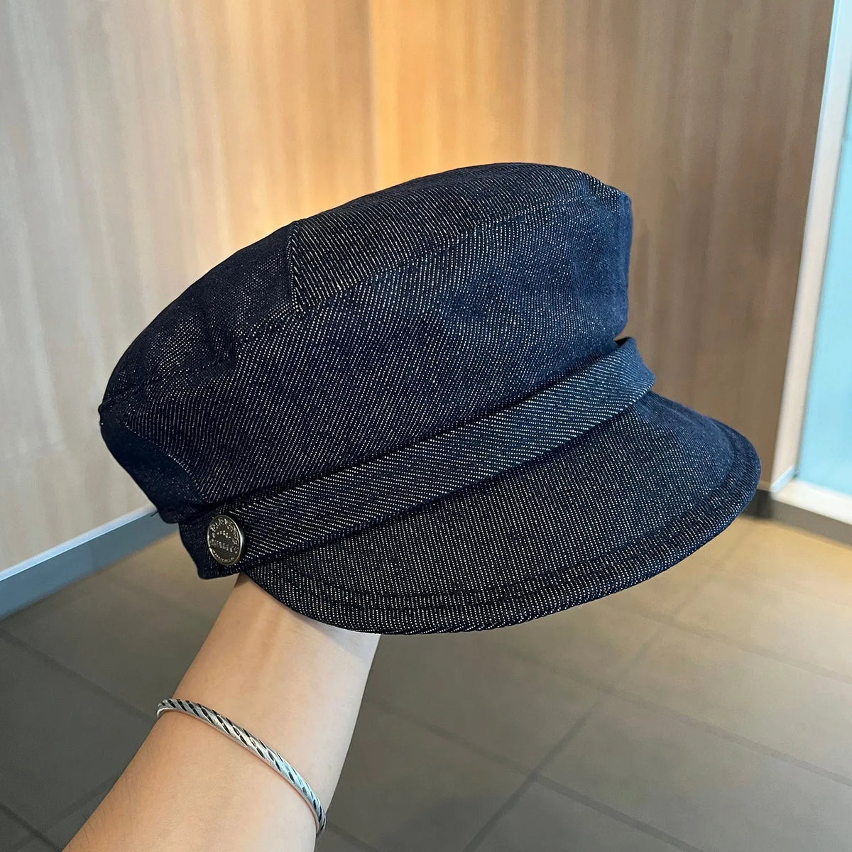 British retro octagonal denim newsboy hat with adjustable sizing