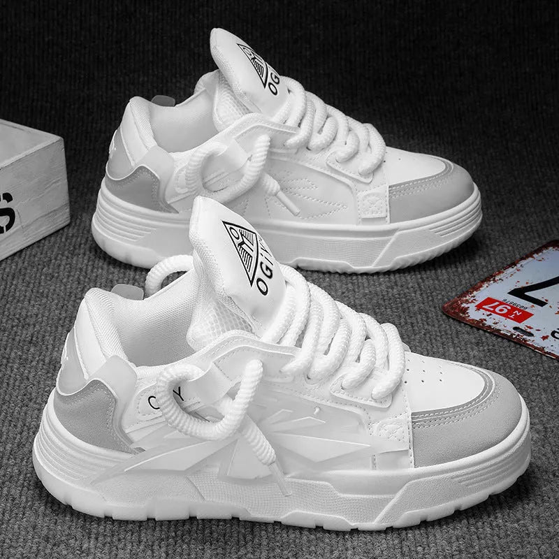 Men's white chunky sneakers with cartoon pattern, thick rubber sole, and synthetic leather upper