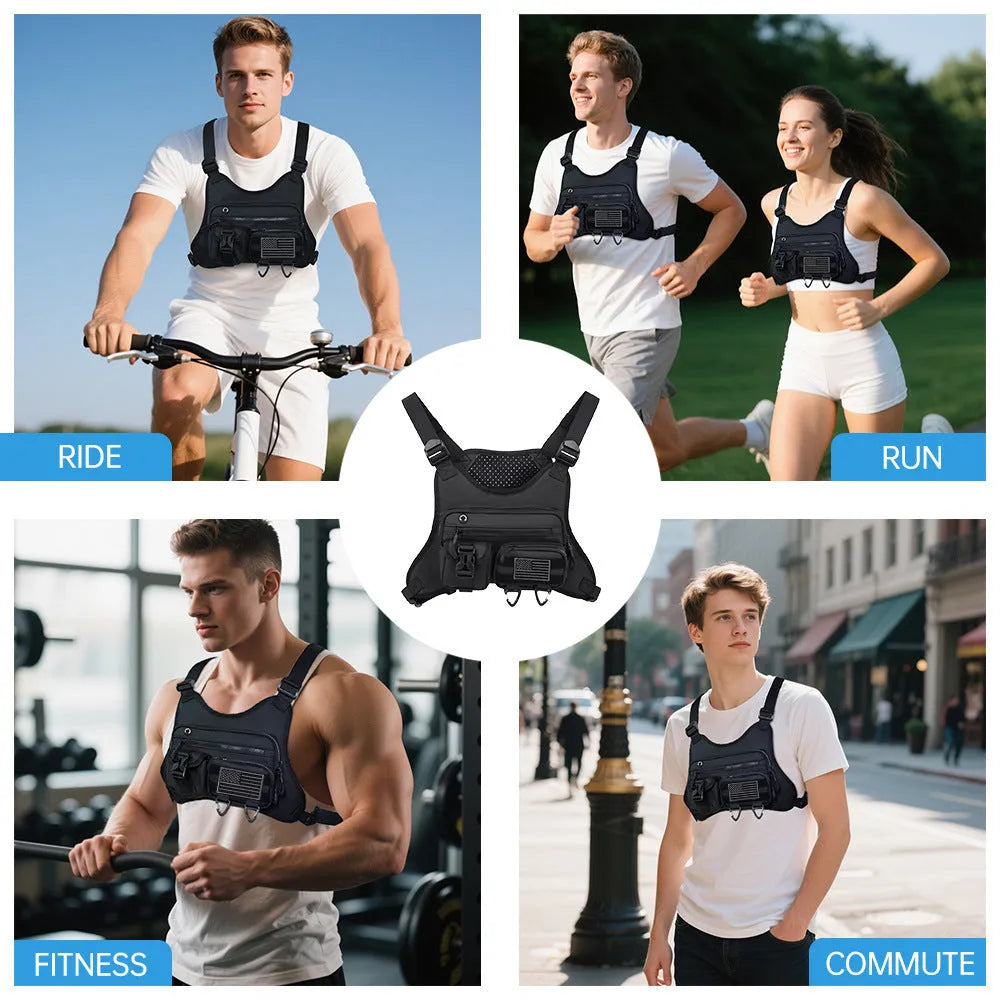 Men's outdoor sports chest bag in oxford cloth, shown in black, grey, and blue colour options.