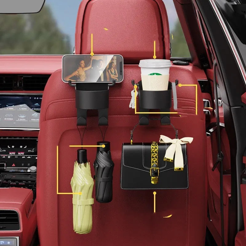 Black plastic car seat back hook organiser with built-in cup holder