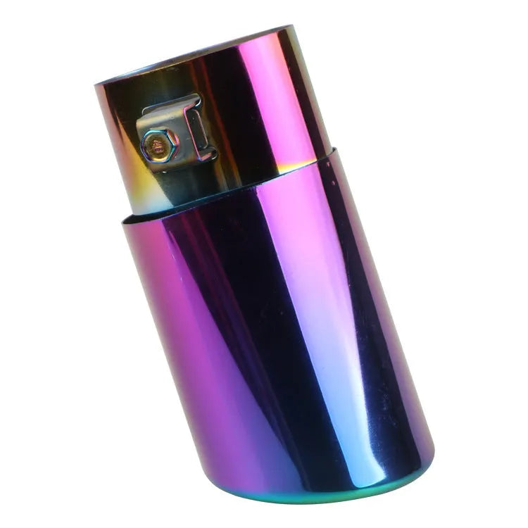 Stainless steel car exhaust tail pipe in baked blue, bright silver, and colourful finishes showing straight and curved shape options.