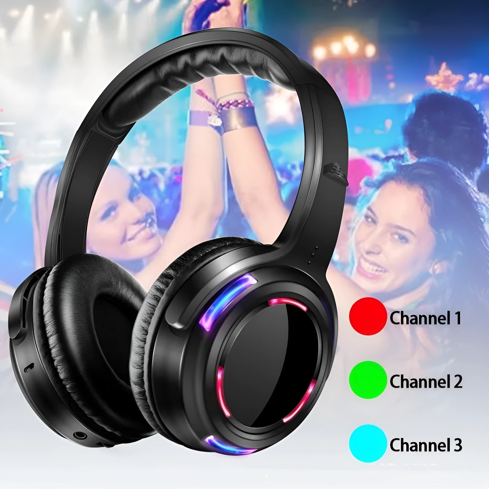 Black silent disco wireless headphones with 40mm drivers and a 3.5mm plug on a 3 metre cable