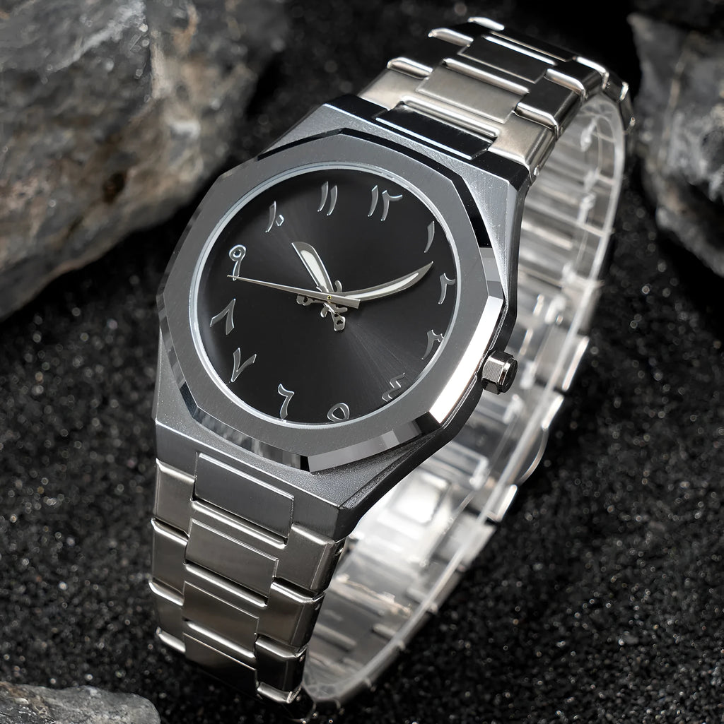 Men's business casual stainless steel quartz watch showing three colour options on wrist.