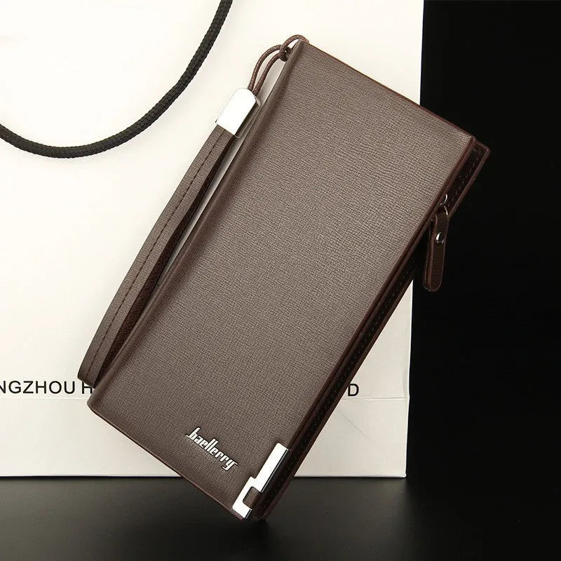 Men's black PU leather zipper wallet showing 7 card slots and cash compartment with waterproof construction