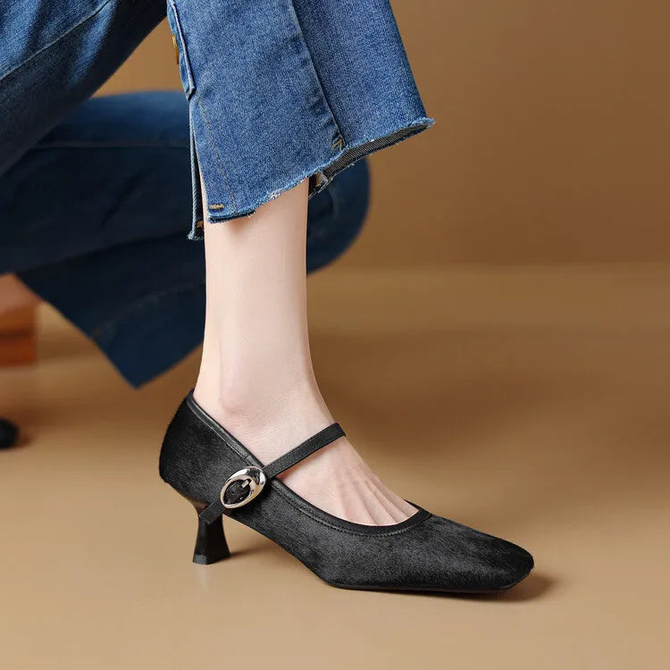 Women's black square toe stiletto ankle-strap high heels with horse hair upper shown from side angle