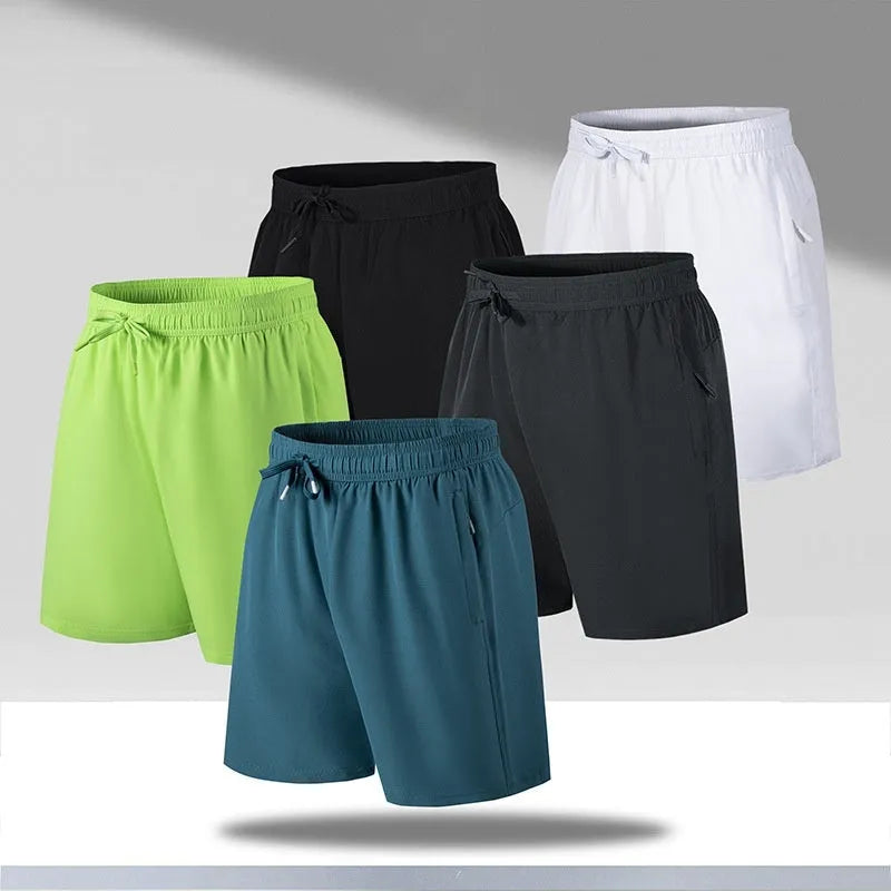 Men's loose-fitting quick-dry beach shorts in polyester ice silk fabric, shown in multiple colour options.