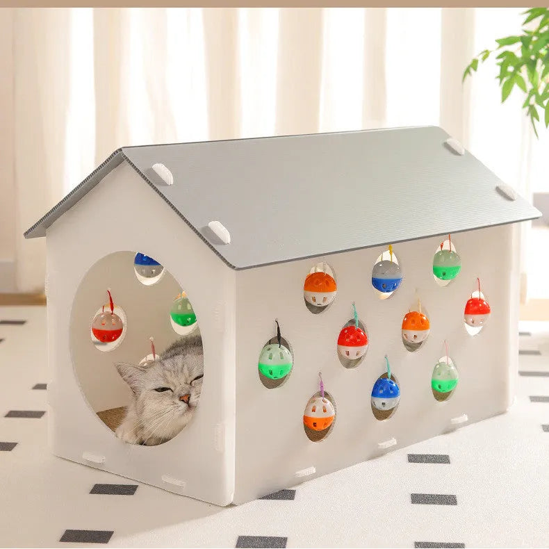 House-shaped cat scratch board with integrated bell ball tunnel and pet bed combination