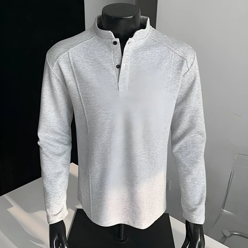 Men's cotton patchwork polo shirt with stand-up collar and asymmetric design in three colour options