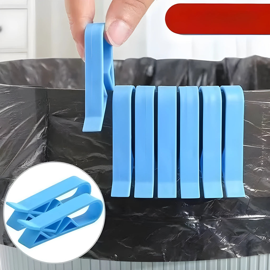White PP plastic garbage bag fixing clip shown holding a black bin liner to the rim of a silver trash can.
