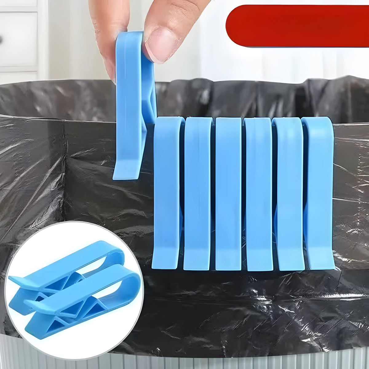 White PP plastic garbage bag fixing clip shown holding a black bin liner to the rim of a silver trash can.