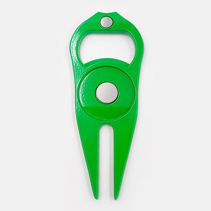 Zinc alloy golf ball yoke and bottle opener tool in black, green, or silver finish.