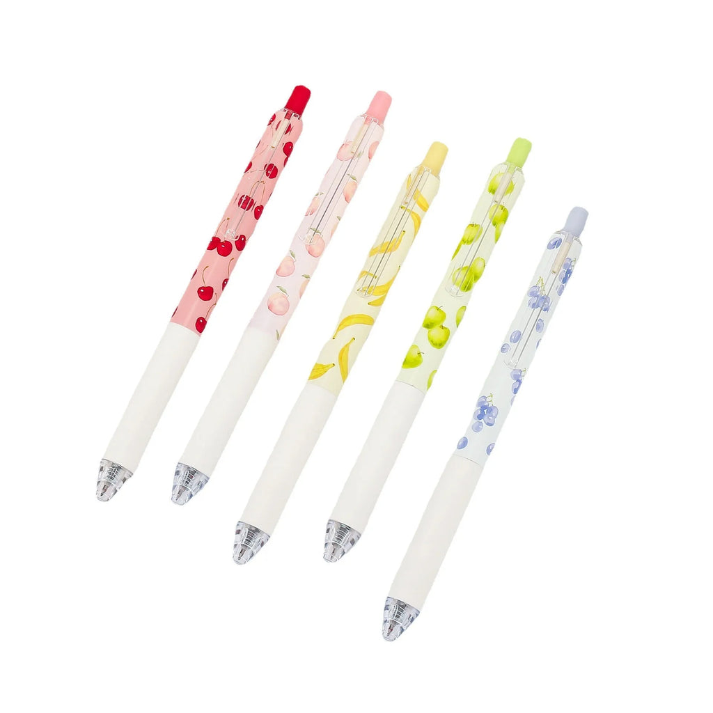 Three fruit-scented press-action pens with plastic barrels and black 0.5mm refills.