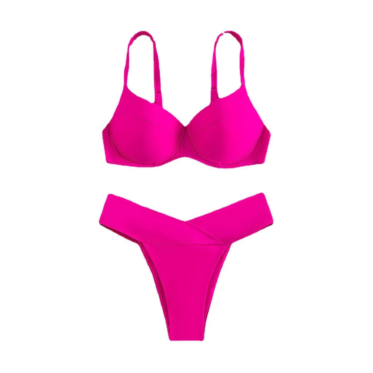 Solid colour bikini swimsuit on a mannequin, showing the sleeveless bra and briefs in a fluorescent hue.