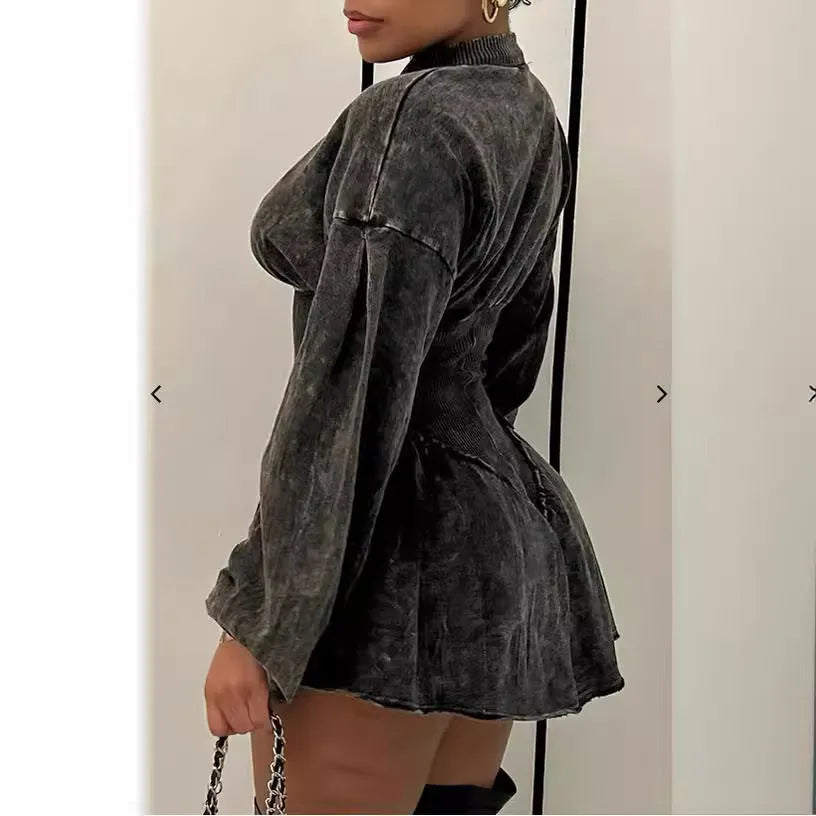 Grey women's slim-fit A-line dress with drawstring waist and digital printing collage stitching