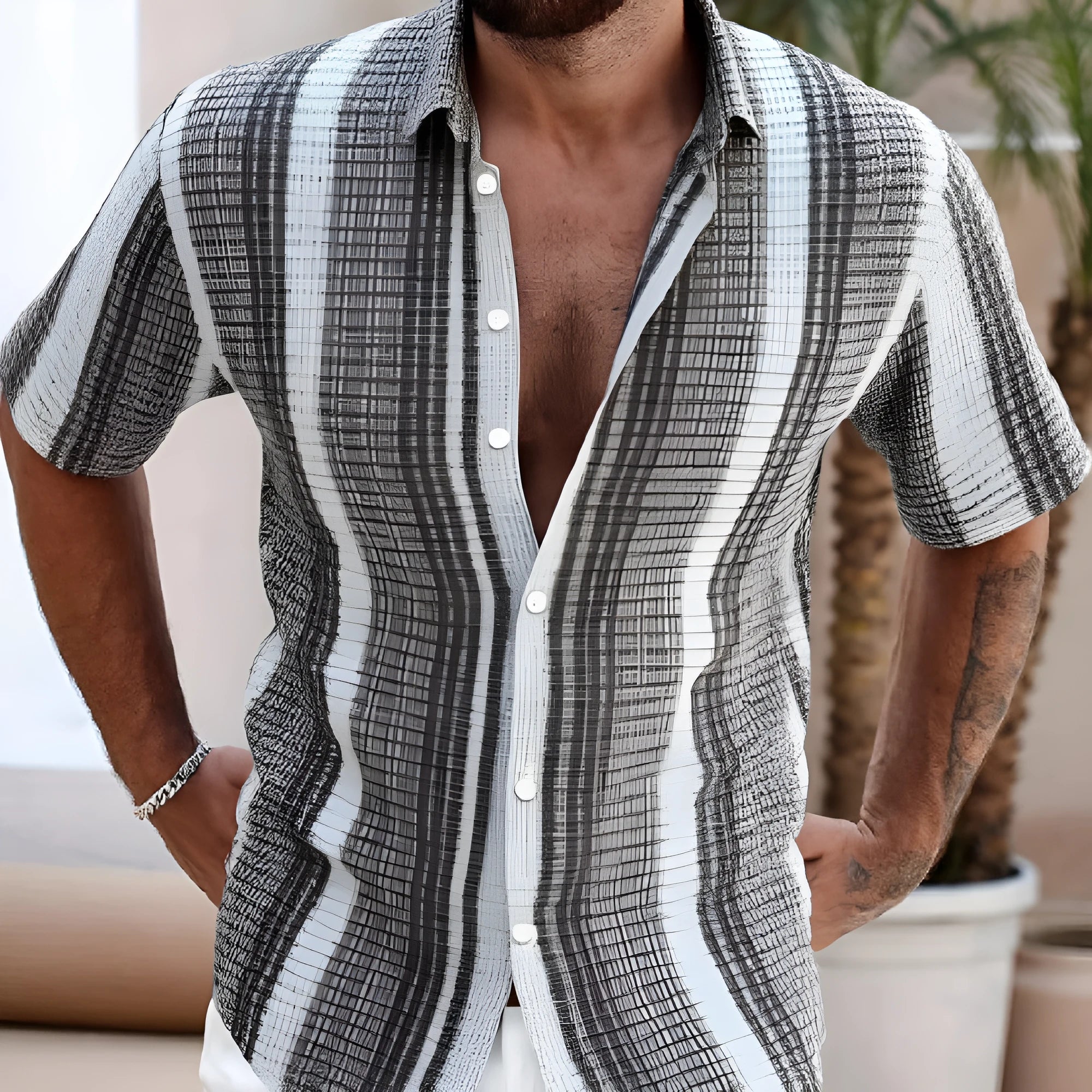 Man wearing a slim-fit short-sleeve shirt with a colourful 3D digital printed floral pattern.