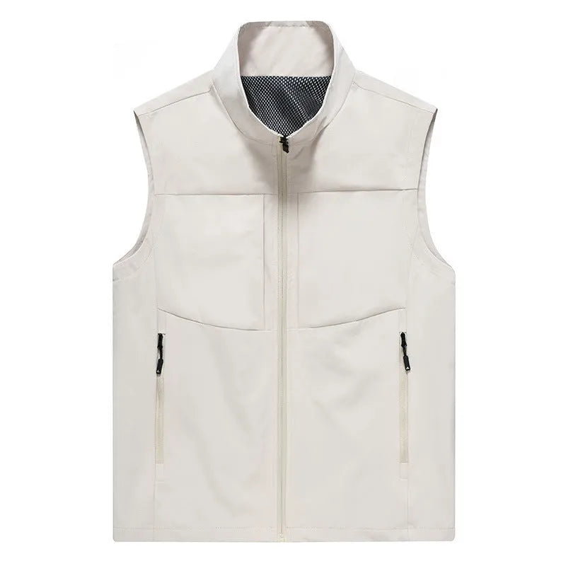 Men's loose fit polyester cardigan vest in khaki with stand collar and zipper pockets.