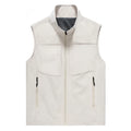Men's loose fit polyester cardigan vest in khaki with stand collar and zipper pockets.