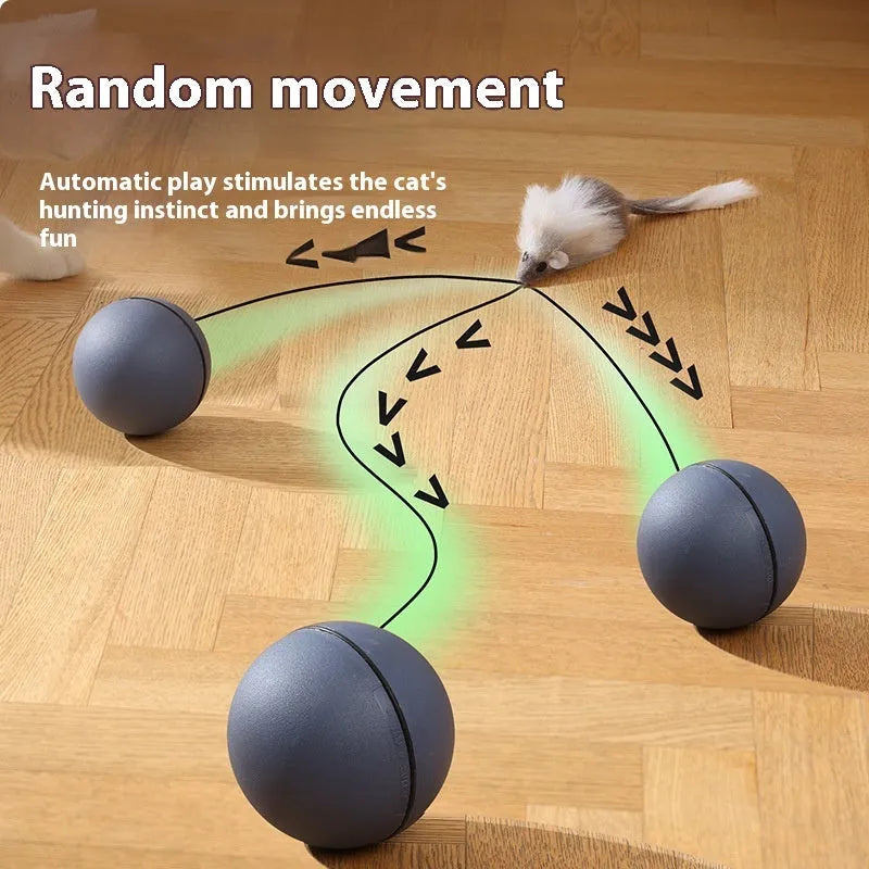 Automatic cat teasing ball with plush mouse attachment in blue orange and dark grey colours