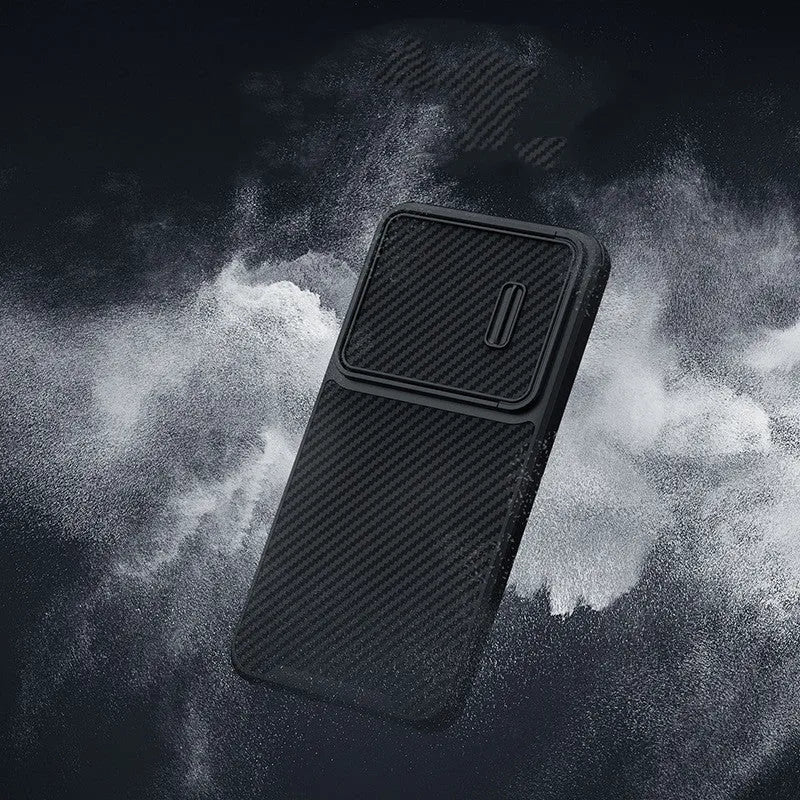 Black Samsung S23 Ultra phone case with lens push cover showing TPU, PC, and carbon fibre construction