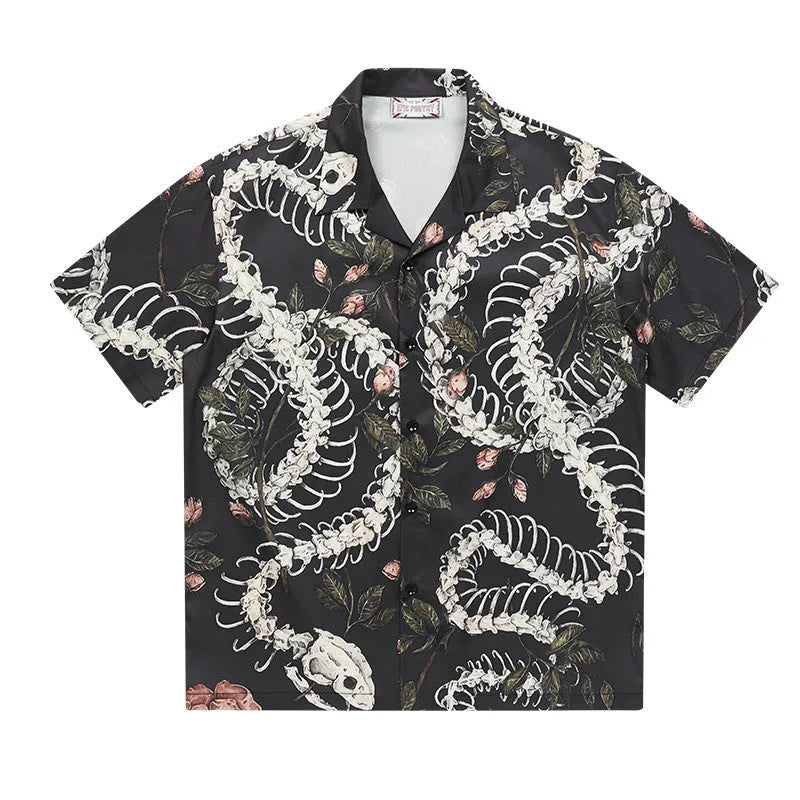 Men's snake bone floral print Cuban collar short sleeve shirt in loose fit