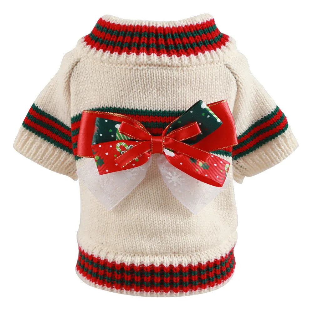 Red and green dog Christmas jumpers showing festive knit design for small to large pets.