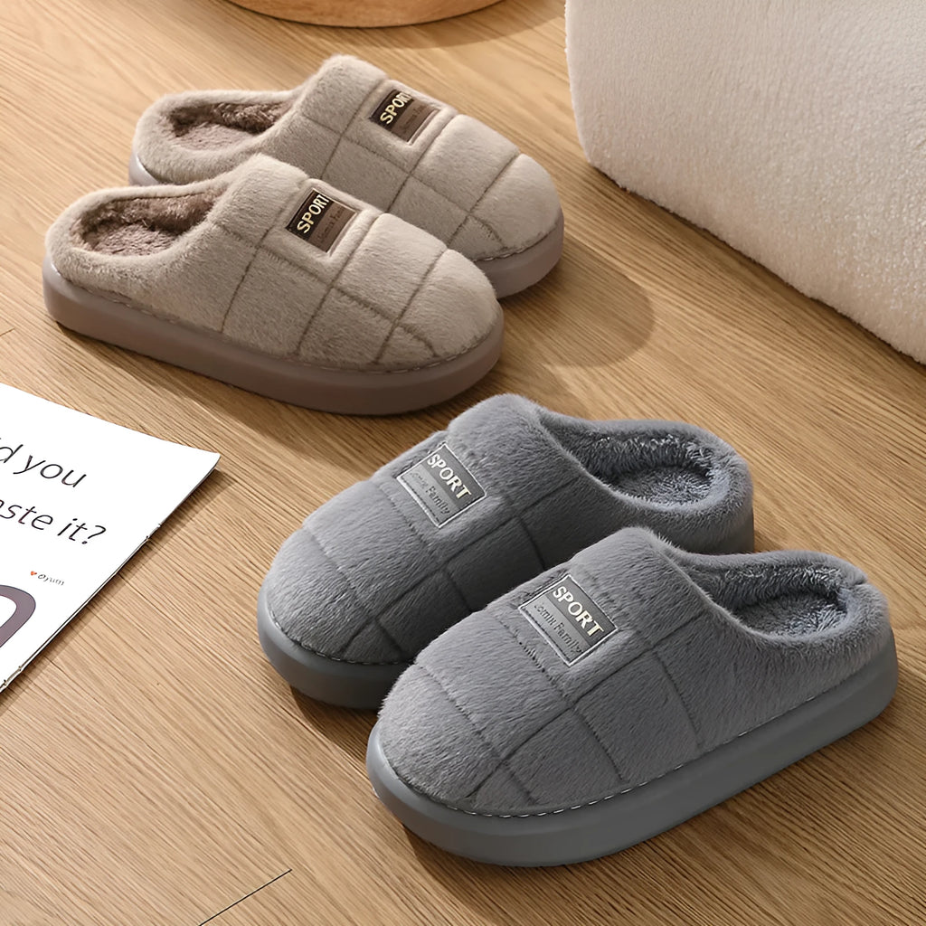 Men's grey and brown plaid winter slippers with rabbit hair upper and thick sole.
