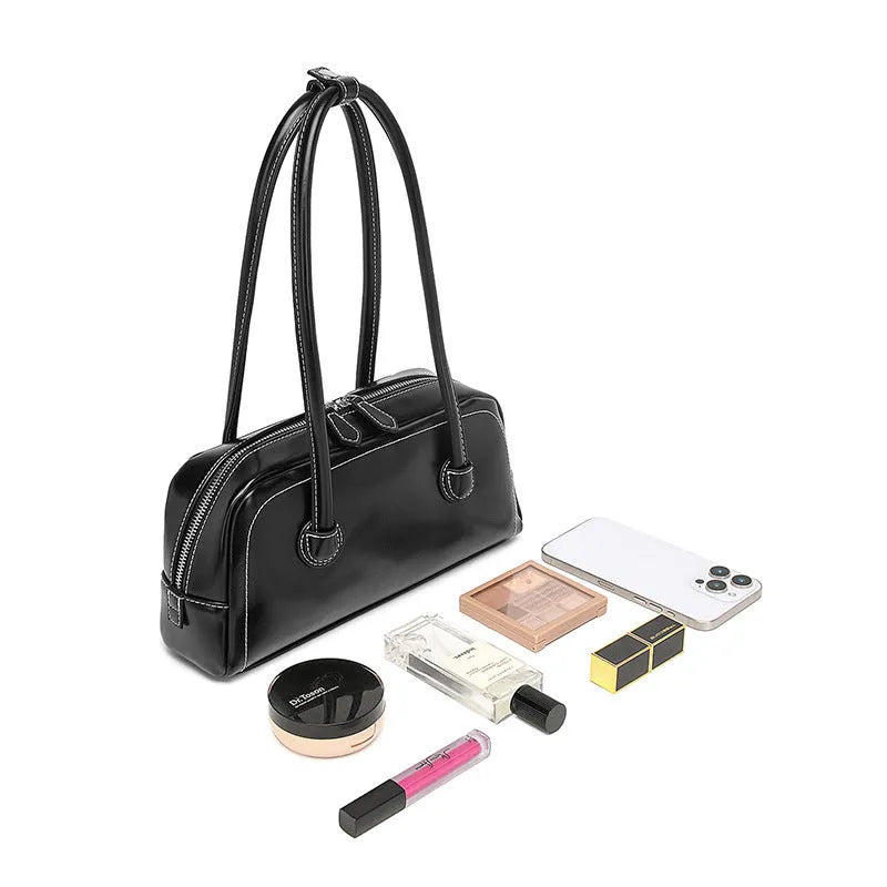 Retro PU underarm bag for women, horizontal square 31x9x14 cm, with zipper phone and file pockets.