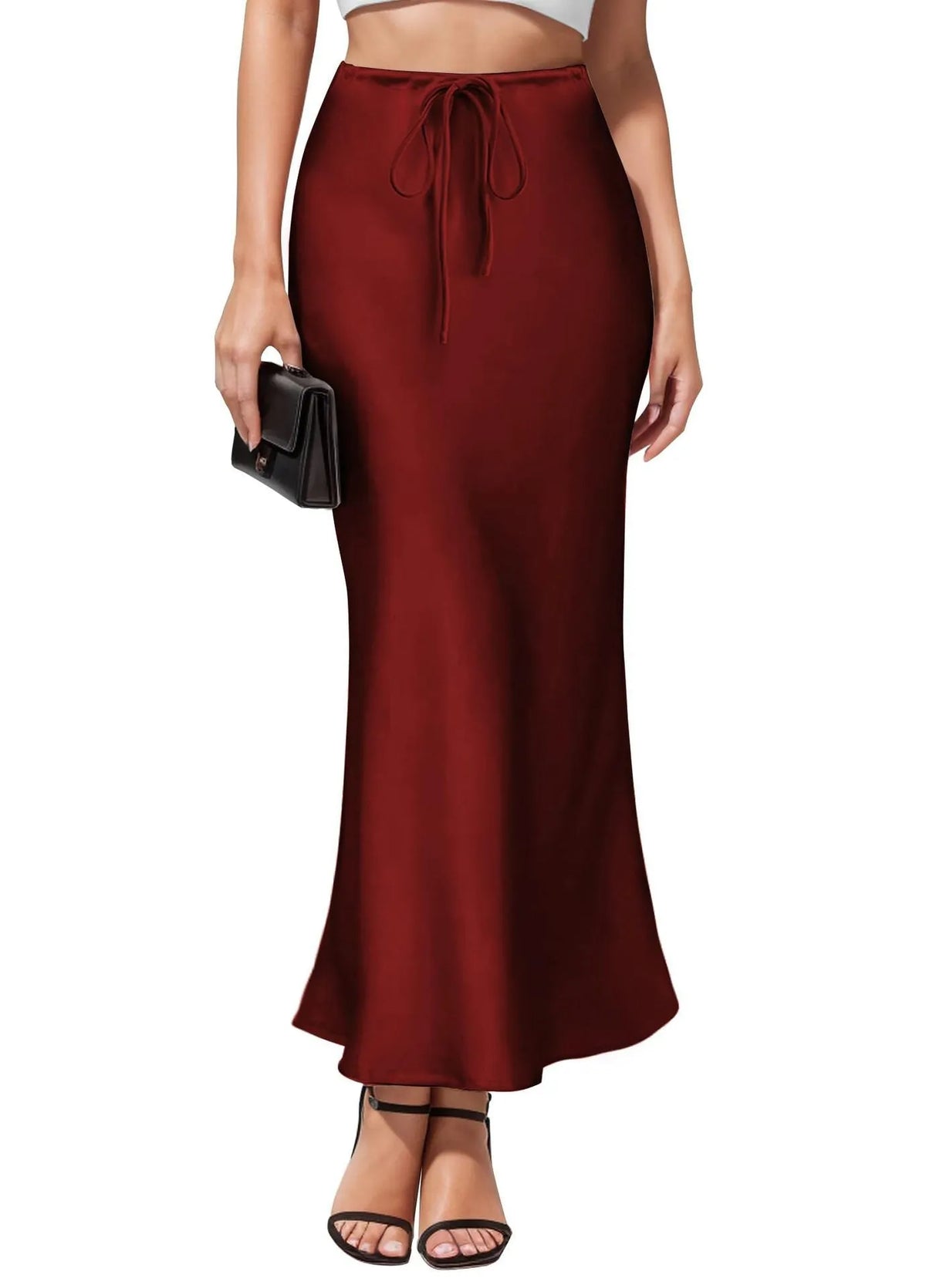 Asymmetric satin skirt with high waist and irregular stitching detail in six colour options