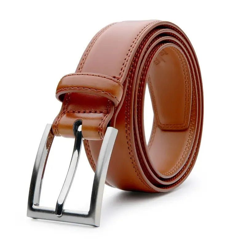 Men's brown genuine leather casual belt with Wild 95 grain texture and a silver alloy buckle.