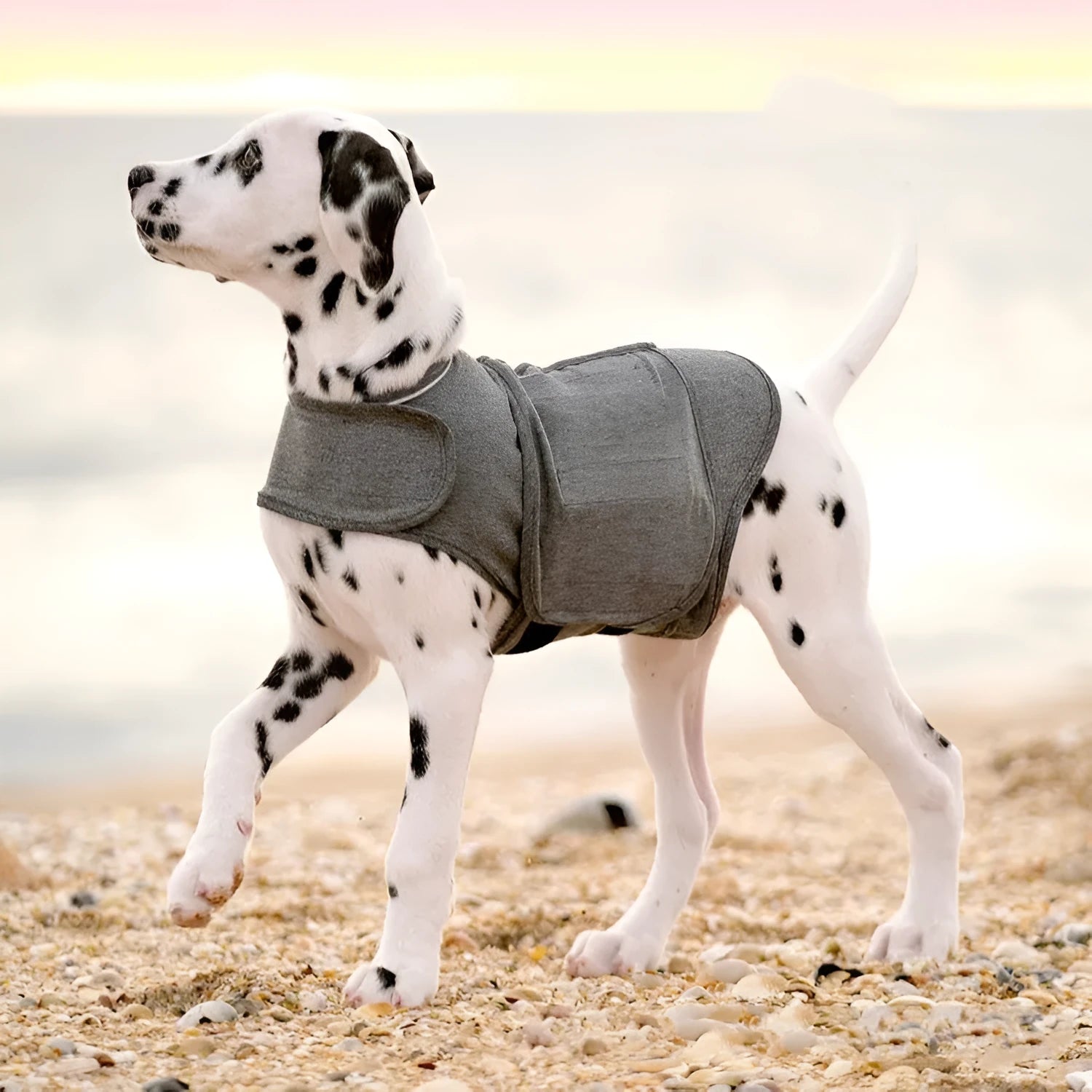 Heather grey dog anxiety jacket and warm vest on mannequin showing brocade cotton ponte-de-roma fabric