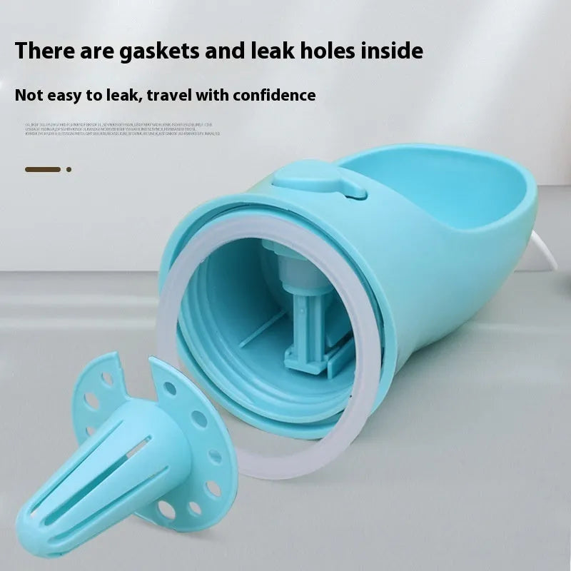 Blue portable plastic dog water bottle with fold-out drinking bowl for walks.