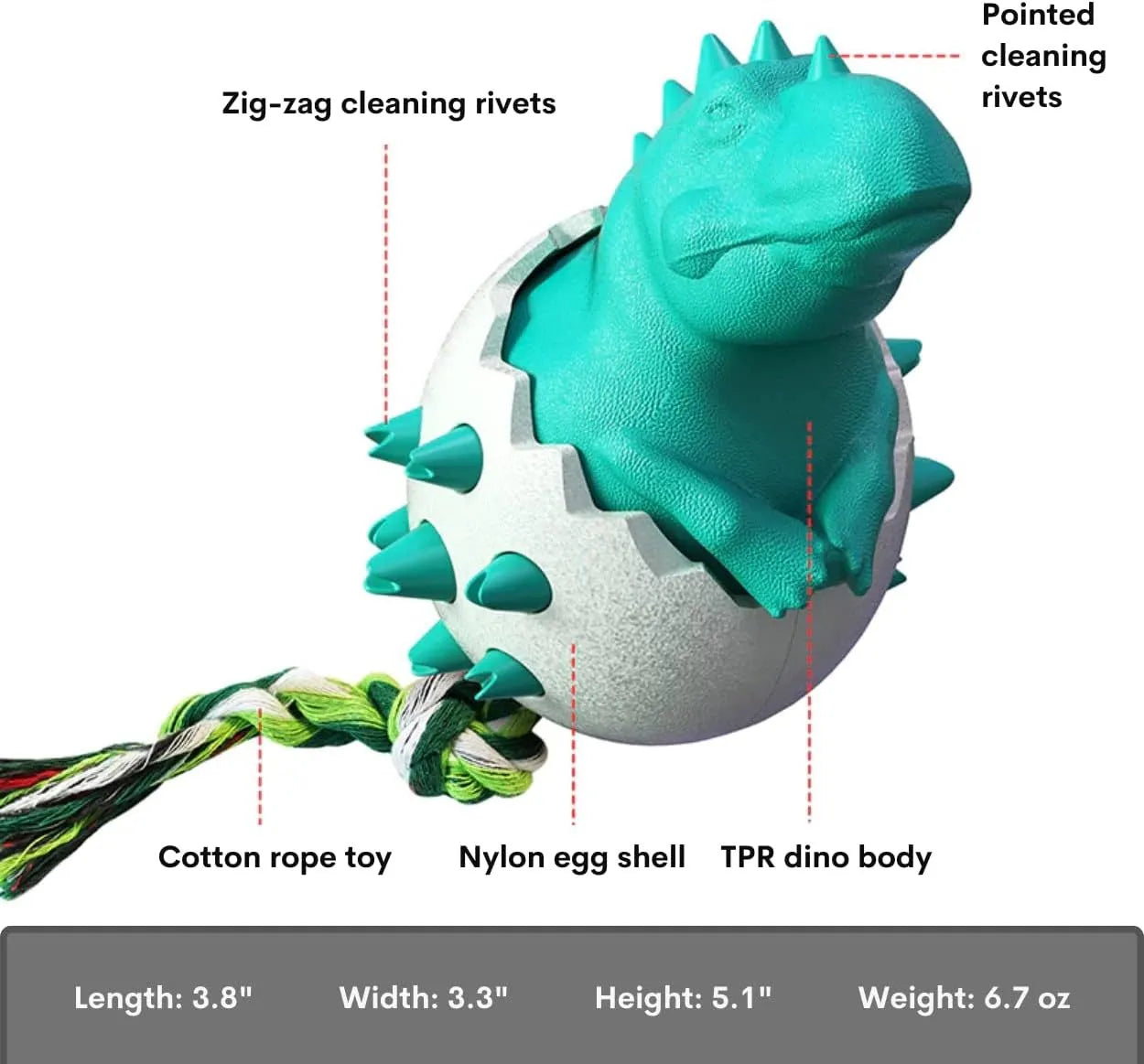 Blue dinosaur-shaped dog chew toy made of nylon and rubber with a rope tail.