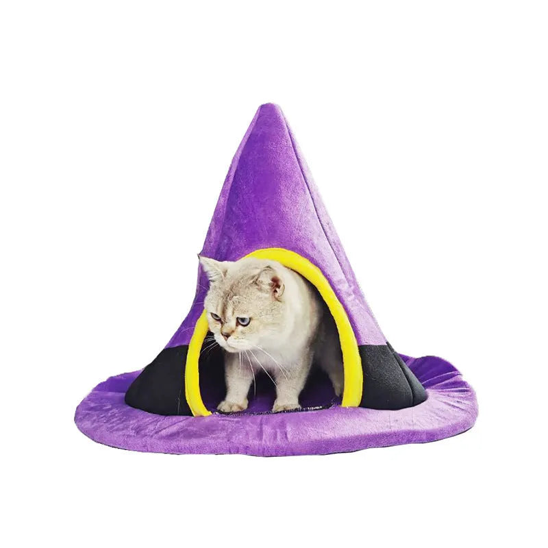 Purple Halloween witch hat shaped cat bed for cats measuring 60cm wide by 45cm high