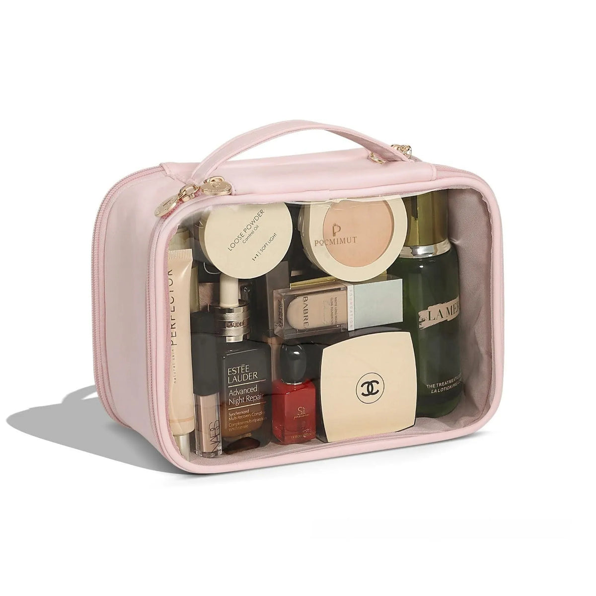 Transparent PVC leather cosmetic bag showing interior compartments for dry wet separation