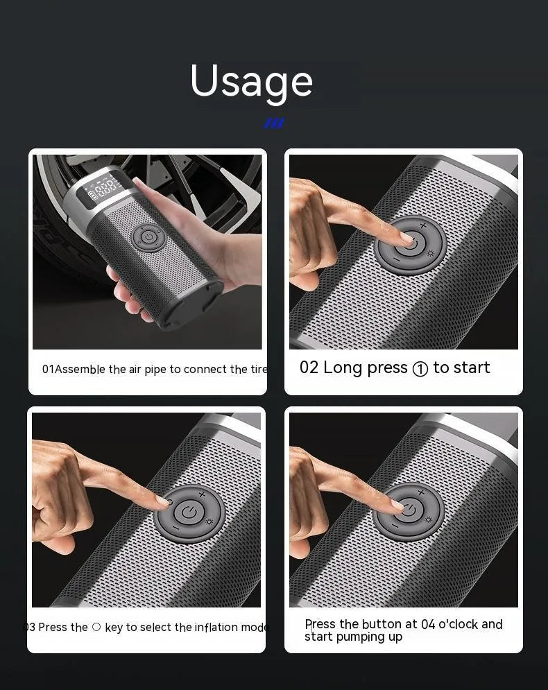 Black portable wireless air pump with digital display, LED light, and attached inflation tube on a textured surface.