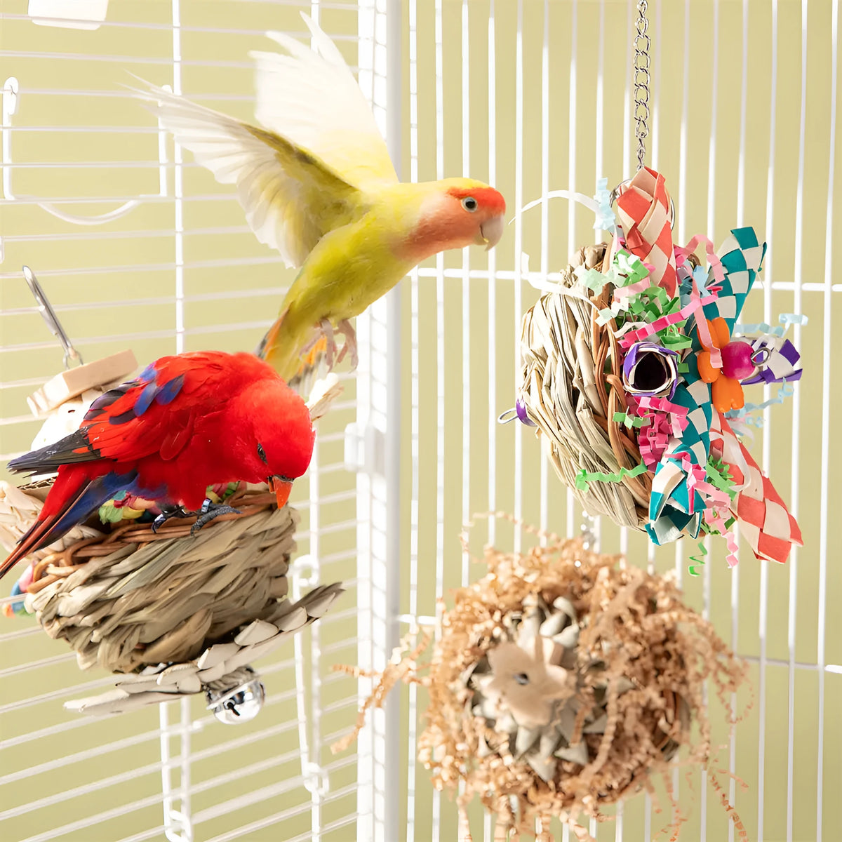 Three different parrot gnawing toys in set for chewing enrichment and beak exercise