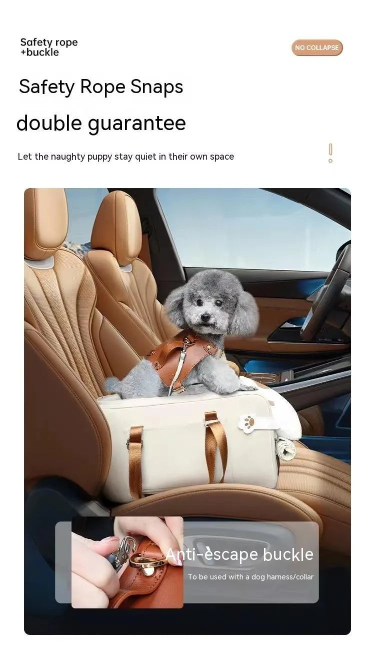 Beige hard-sided pet travel crate with a one-shoulder carry strap, shown with dimensions 43cm by 25cm by 22.5cm.