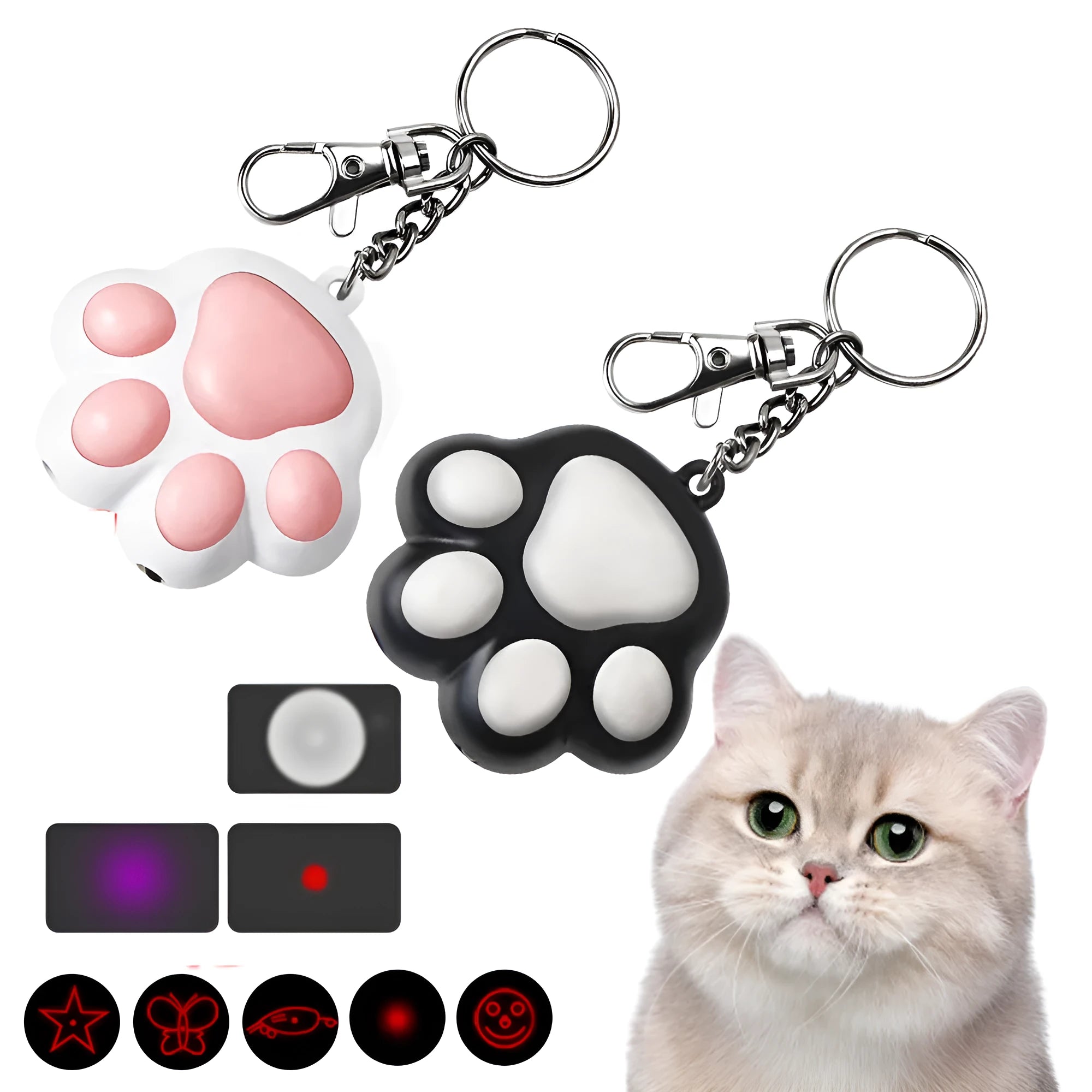 USB-rechargeable infrared cat teaser toy with keychain light in pink or black