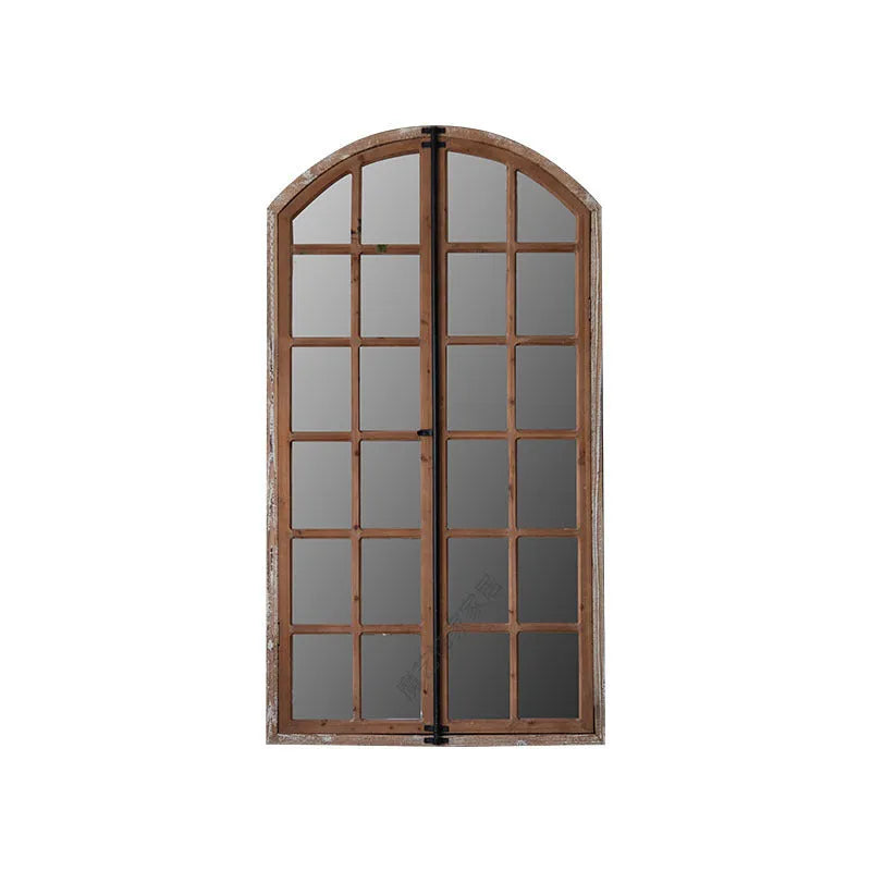 Terrace Distressed Fake Window Wall Mirror in log colour wooden glass