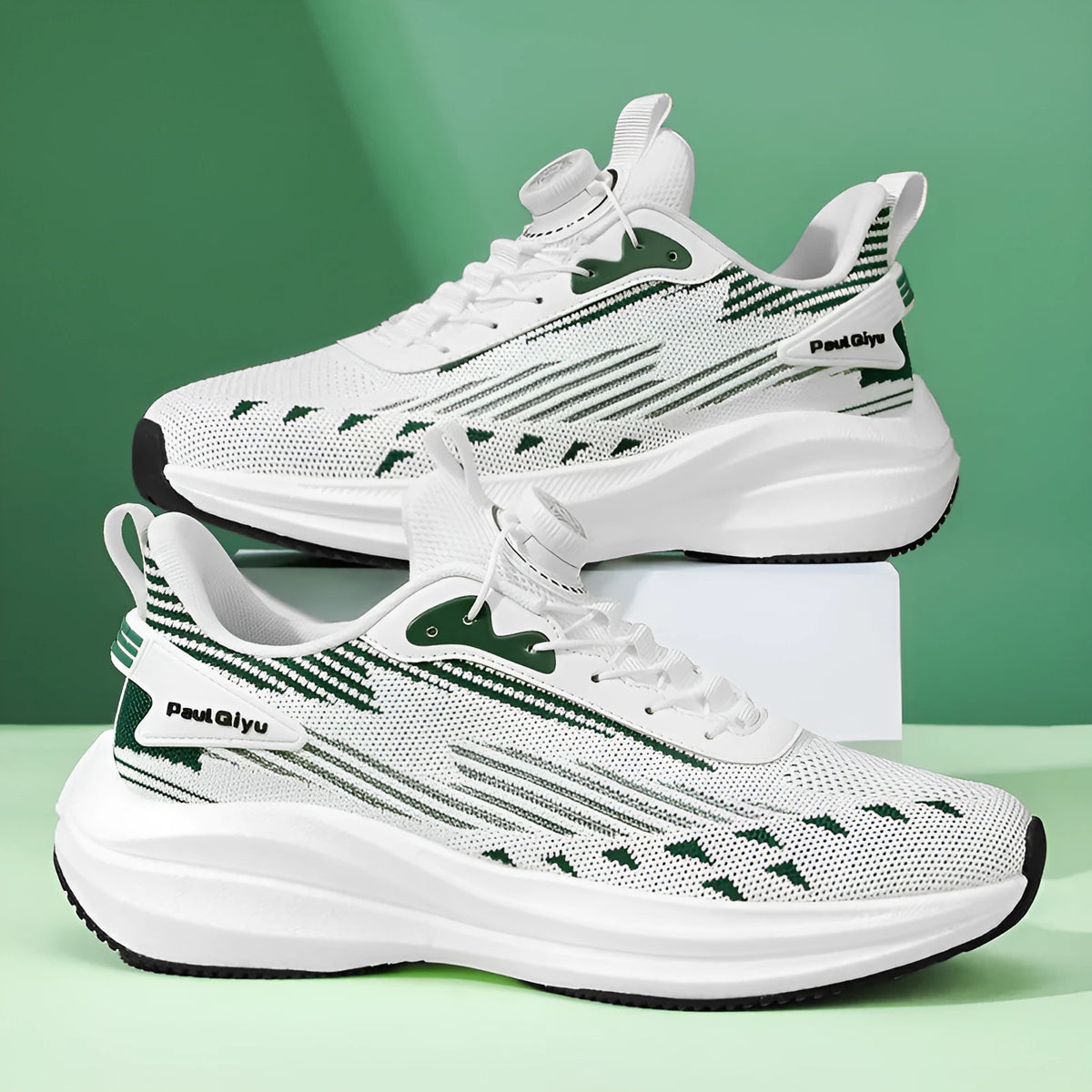 Men's white green Fly-kit mesh running shoes with rotating buckle and lace-up closure on TPU sole