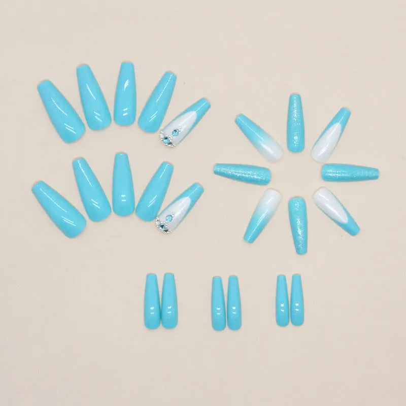 Smart blue long ballet false nails with diamond glitter debris decoration