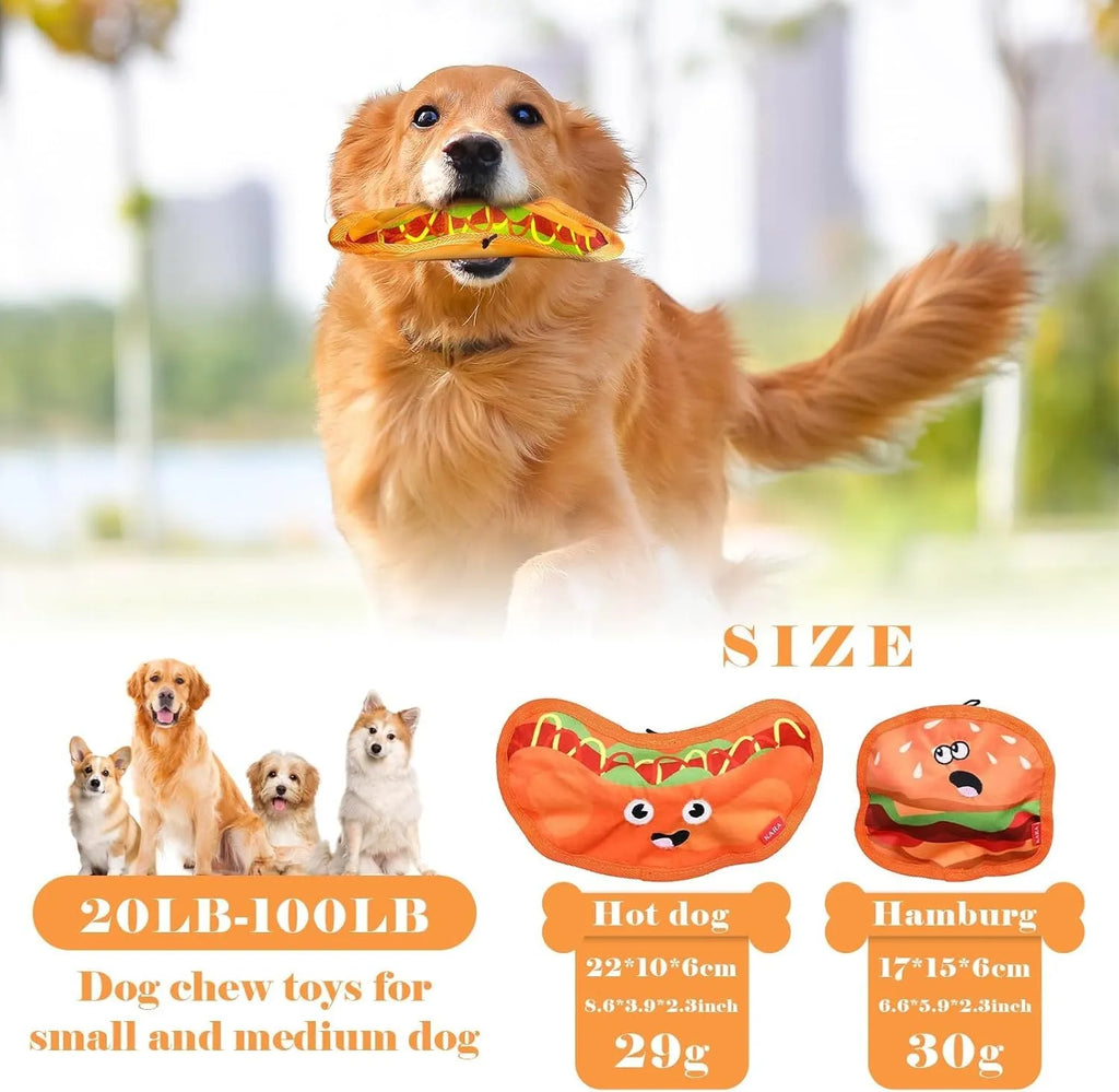 A set of four colourful crinkle and squeak dog toys shaped like a burger, fries, a hot dog, and a pizza.