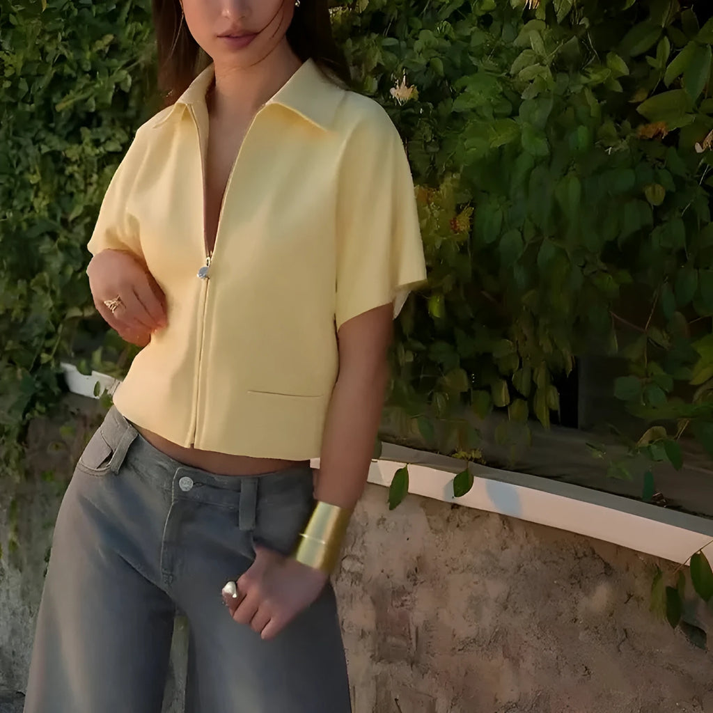 Casual short sleeve loose outerwear jacket in polyester fabric available in white, black, or yellow colours