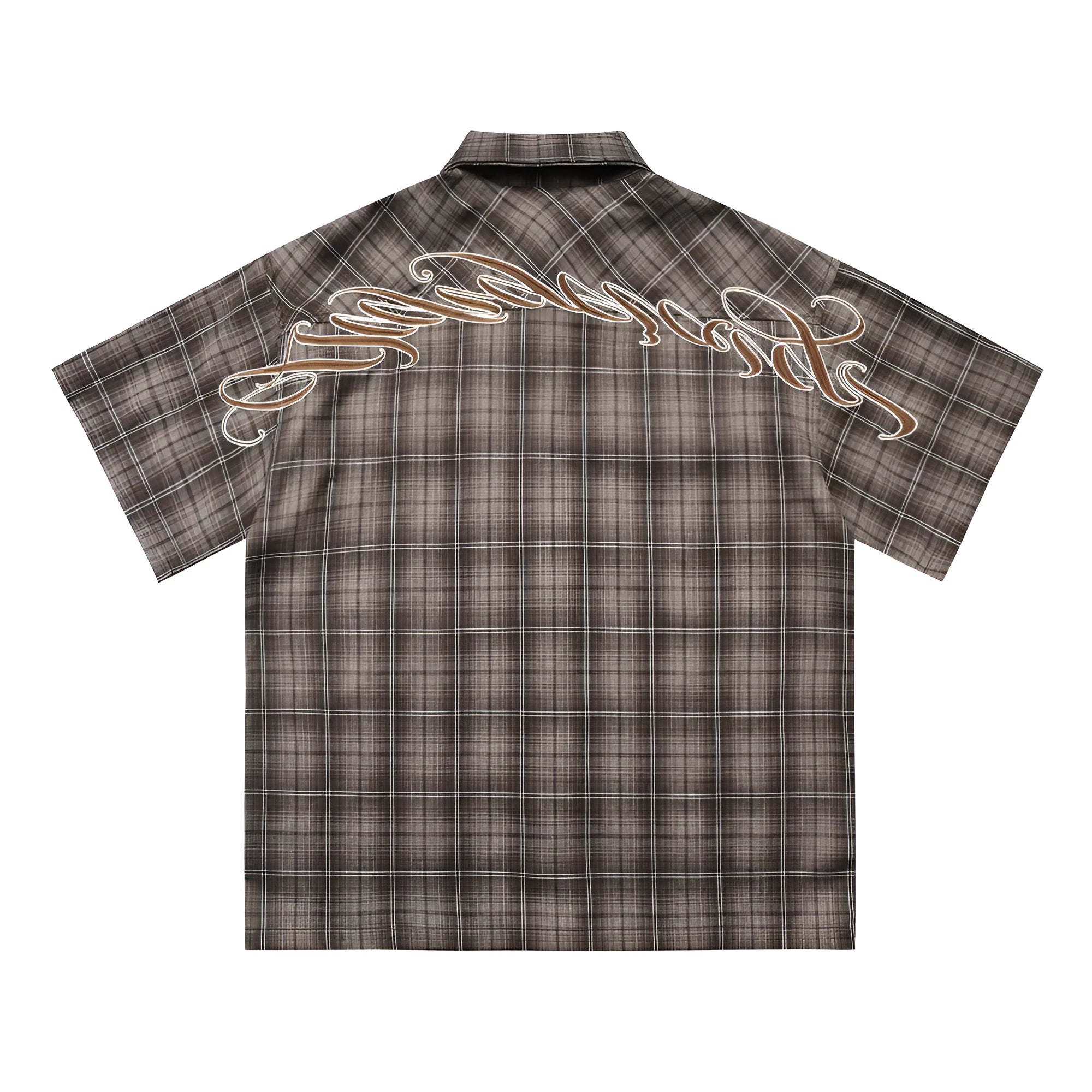 Men's black and brown plaid short sleeve shirt with embroidery detail and lapel collar