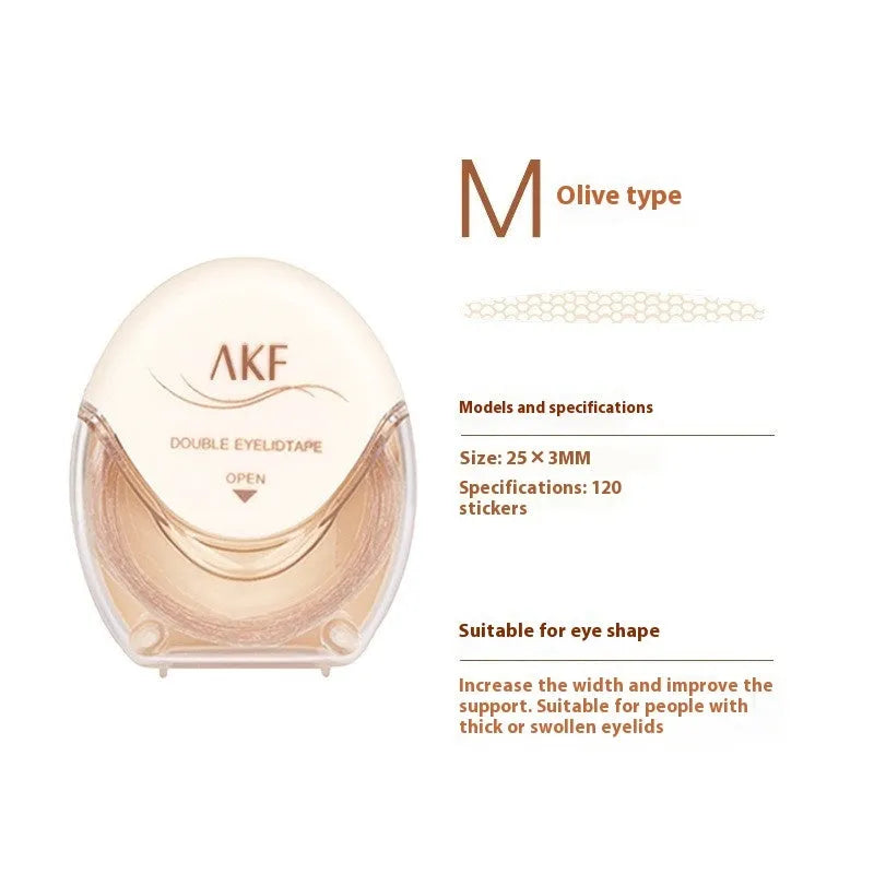 Transparent double eyelid stickers in crescent and olive shapes on roll packaging
